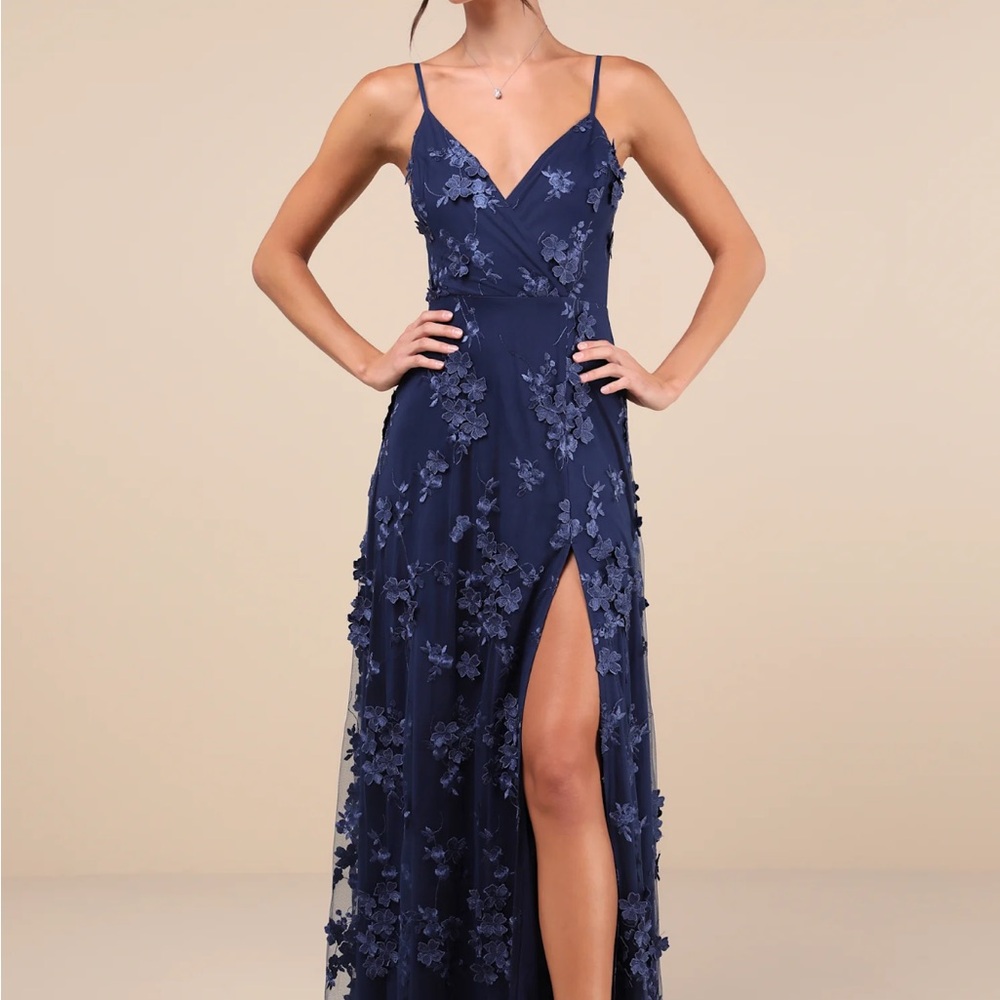 Rare Presence Navy Blue 3D Floral Surplice Maxi Dress